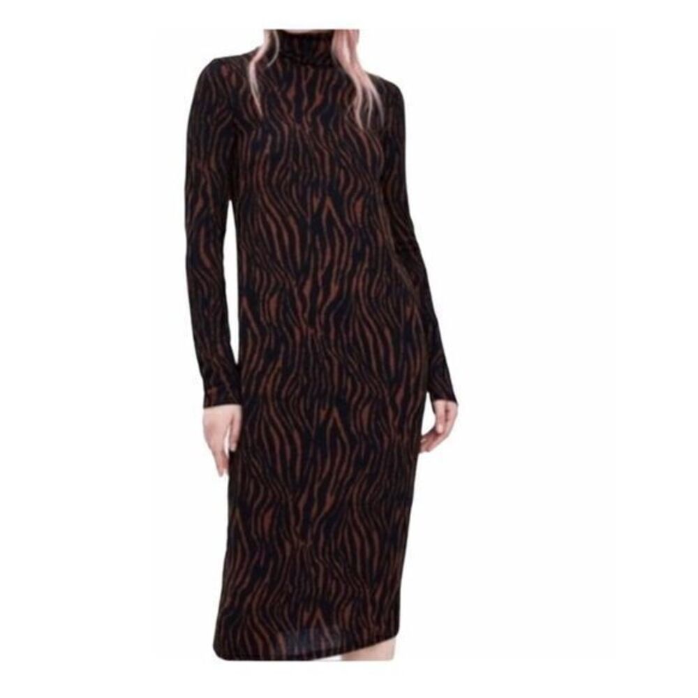 Zara Brown turtle neck animal print dress size S